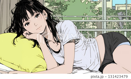 下着姿でくつろいでいる若い女性