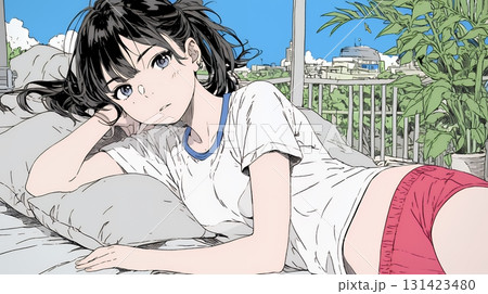 下着姿でくつろいでいる若い女性