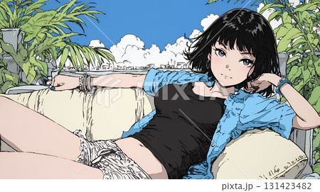 下着姿でくつろいでいる若い女性