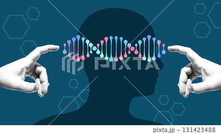 Contemporary collage. Scissors cutting colorful DNA helix in genetic editing biotechnology concept Contemporary collage. Scissors cutting colorful DNA helix in genetic editing biotechnology concept 131423488