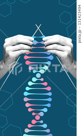 Contemporary graphic composition. Knitting needles shaping colorful DNA helix illustration Contemporary graphic composition. Knitting needles shaping colorful DNA helix illustration 131423494
