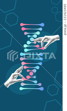 Creative digital artwork. Human hands interacting with stylized DNA helix structure Creative digital artwork. Human hands interacting with stylized DNA helix structure 131423495