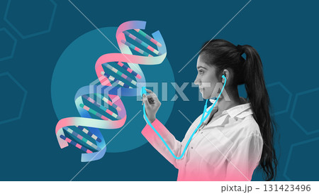 Modern artwork. Female scientist with stethoscope examining DNA helix illustration Modern artwork. Female scientist with stethoscope examining DNA helix illustration 131423496