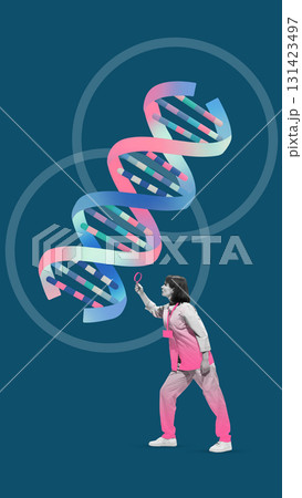Surreal collage art. Female scientist inspecting DNA double helix with magnifier symbolizing research 131423497