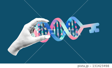 Collage of hand holding DNA double helix shaped as key symbolizing genetic solution 131423498