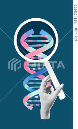 Composition of DNA double helix under magnifying glass held by hand symbolizing genetic analysis 131423499