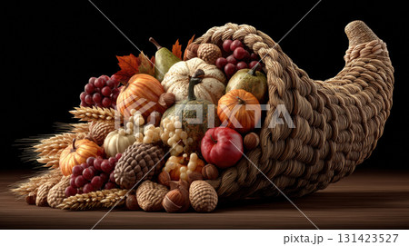 Woven cornucopia overflows with vibrant autumn produce including pumpkins, grapes, and nuts symbolizing abundance and harvest Woven cornucopia overflows with vibrant autumn produce including pumpkins, grapes, and nuts symbolizing abundance and harvest 131423527