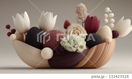Cornucopia of elegant, abstract floral sculptures in soft, muted tones creates harmonious display 131423528