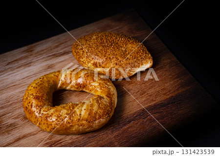 Traditional Turkish Breakfast Pastries: Simit and Cheese-Filled Pastry 131423539