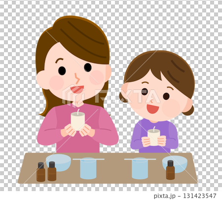 Illustration of a parent and child making handmade aroma candles 131423547
