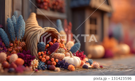 Cornucopia overflows with vibrant autumn flowers and pumpkins creating festive fall scene 131423596