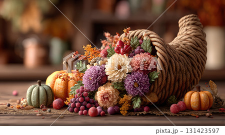 Cornucopia overflows with vibrant flowers and autumn fruits creating festive and abundant display 131423597