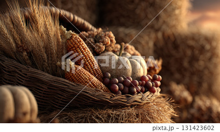 Cornucopia of autumn harvest with corn, pumpkins, and grapes in wicker basket evokes warm rustic charm 131423602
