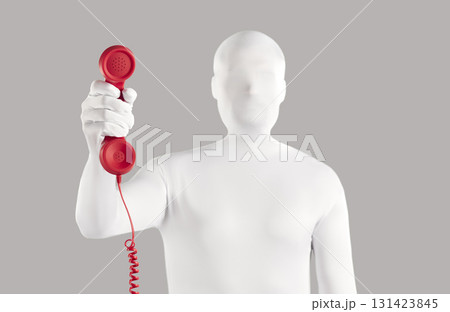 Anonymous man disguised in white bodysuit gives you red vintage telephone receiver Anonymous man disguised in white bodysuit gives you red vintage telephone receiver 131423845