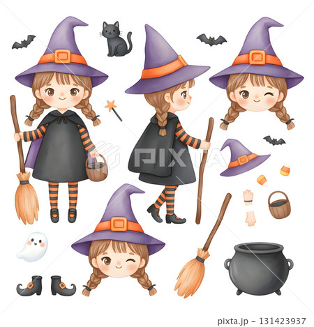 Halloween which character set. character constructor for animation. Front, side and back view set. Body parts, postures, poses collection. Watercolour illustration design. Halloween which character set. character constructor for animation. Front, side and back view set. Body parts, postures, poses collection. Watercolour illustration design. 131423937