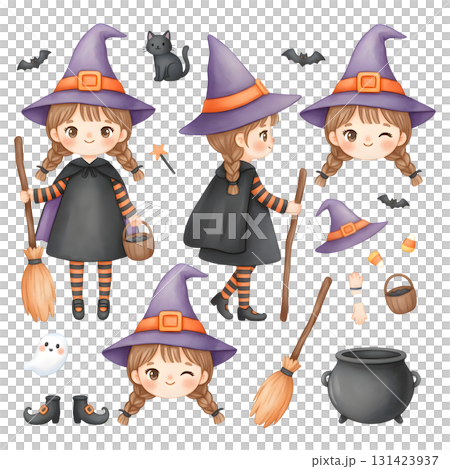 Halloween which character set. character constructor for animation. Front, side and back view set. Body parts, postures, poses collection. Watercolour illustration design. Halloween which character set. character constructor for animation. Front, side and back view set. Body parts, postures, poses collection. Watercolour illustration design. 131423937