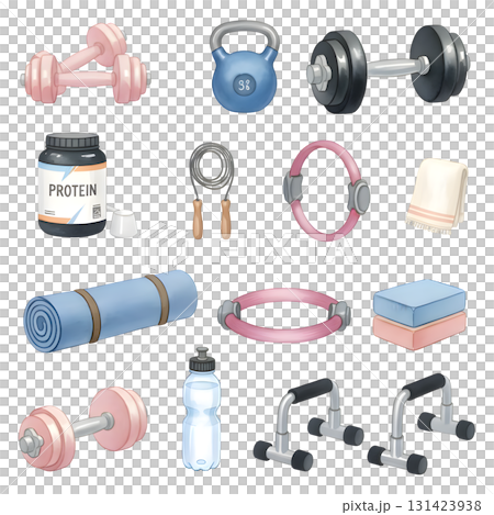 Weight training, yoga, pilates stickers set. Dumbbells, protein supplements, kettlebell, jump rope and other fitness elements. Modern cartoon concept. Watercolour illustration. Weight training, yoga, pilates stickers set. Dumbbells, protein supplements, kettlebell, jump rope and other fitness elements. Modern cartoon concept. Watercolour illustration. 131423938