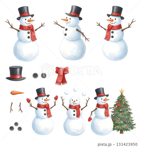 Snowman character constructor for animation. Front, side and back view set. Body parts, postures, poses collection. Watercolour illustration design 131423950