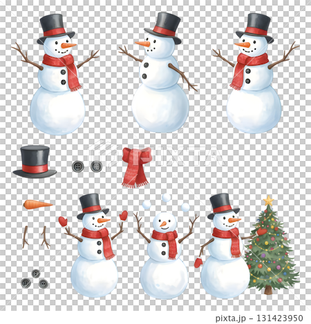 Snowman character constructor for animation. Front, side and back view set. Body parts, postures, poses collection. Watercolour illustration design 131423950