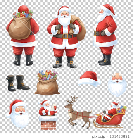 Santa Claus holiday character constructor for animation. Front, side and back view set. Body parts, postures, poses collection. Watercolour illustration design. 131423951