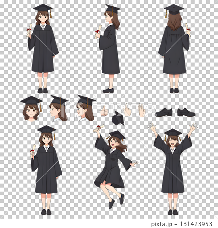 Graduated student woman in academic cap and gown holding diploma. Character constructor for animation. Front, side and back view set. Body parts, postures, poses collection. illustration design. 131423953