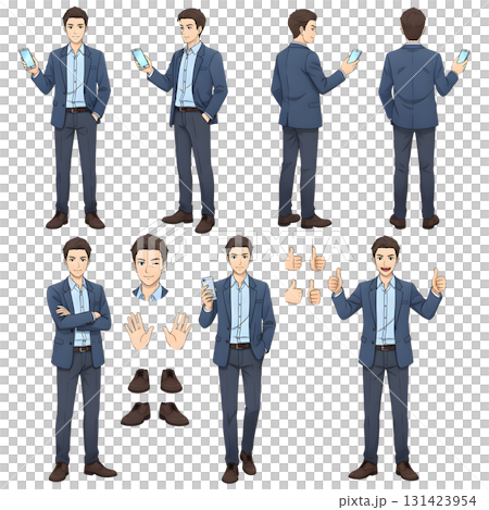 Casual young business man holding smartphone. Character constructor for animation. Front, side and back view set. Body parts, postures, poses collection. illustration design. 131423954