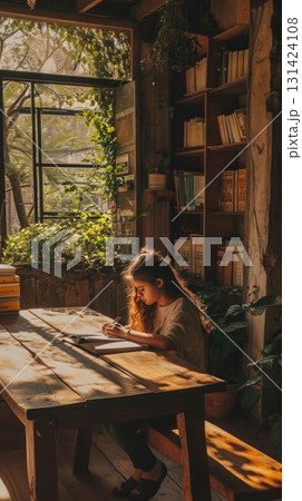 Young girl studying in a cozy, sunlit home library Young girl studying in a cozy, sunlit home library 131424108