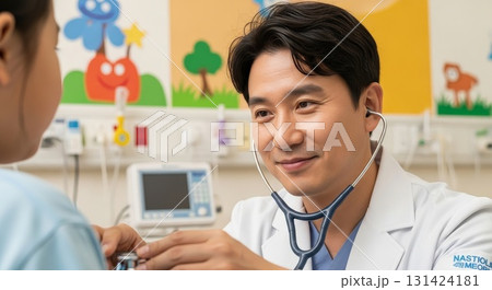 Asian male pediatric doctor in white coat using stethoscope examining young patient in colorful children hospital room with cartoon wall decorations 131424181