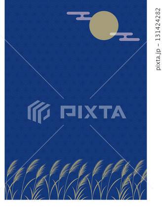 夜風になびくススキと満月_麻の葉文様の背景_縦 131424282