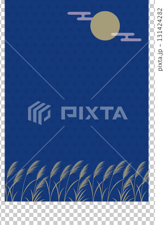 夜風になびくススキと満月_麻の葉文様の背景_縦 131424282