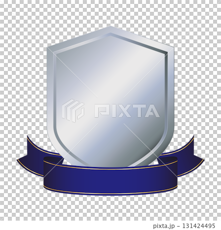Silver shield and blue ribbon decorative frame 131424495