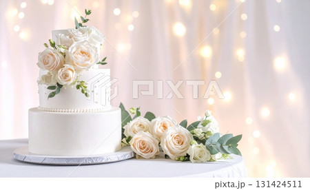 パールホワイトのキラキラウェディングケーキ背景イラスト 131424511