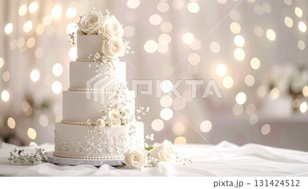 パールホワイトのキラキラウェディングケーキ背景イラスト 131424512