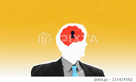 Creative collage. Silhouette of man with brain lock keyhole on yellow gradient background 131424562