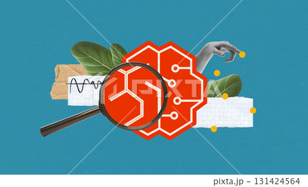 Collage of magnifying glass analyzing abstract brain with leaves and circuits on blue background 131424564