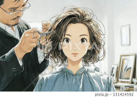 美優シリーズ：美容院で髪を切る女性 131424592