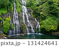 Fit woman enjoys blue crystal clear flowing water in natural pool under high waterfall cascading down a lush, green cliff. Adventure lifestyle at family holidays travel in Bali tropical rainforest. 131424641