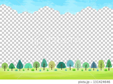カラフルな木々と山並みの自然背景イラスト 131424646