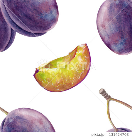 Watercolor seamless drawing with ripe plums and twigs, whole and cut into slices, on a white background. Botanical illustration of fruits for textiles, tableware or packaging. Watercolor seamless drawing with ripe plums and twigs, whole and cut into slices, on a white background. Botanical illustration of fruits for textiles, tableware or packaging. 131424708