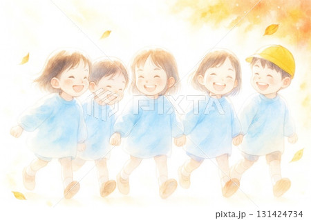 笑顔で手をつなぐ幼稚園児たちの水彩イラスト 秋の雰囲気 131424734