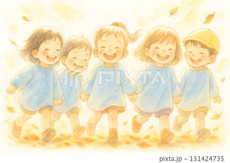 秋の落ち葉の中を笑顔で歩く幼稚園児たちの水彩イラスト 131424735