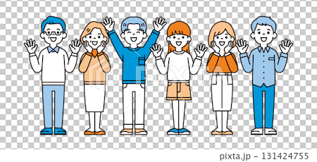 大喜びでバンザイする、祖父・祖母・父親・母親・息子・娘の全身ベクターイラスト素材 大喜びでバンザイする、祖父・祖母・父親・母親・息子・娘の全身ベクターイラスト素材 131424755