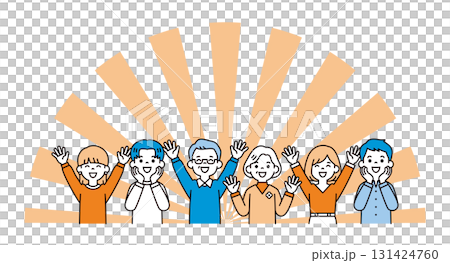 徑向圖案和上身向量插圖，描繪了多名男女因中樂透而歡欣鼓舞的場景 131424760