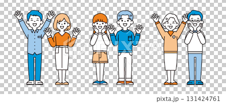 A set of vector illustrations of a married couple who are overjoyed and spread their arms wide 131424761