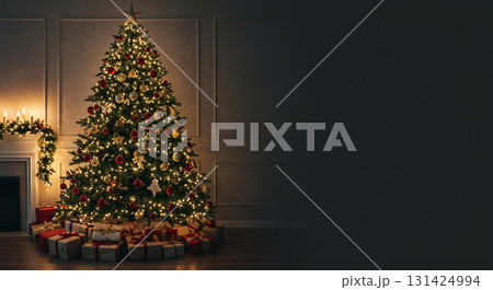 居心地の良いリビングルームのクリスマスツリーとプレゼント 131424994