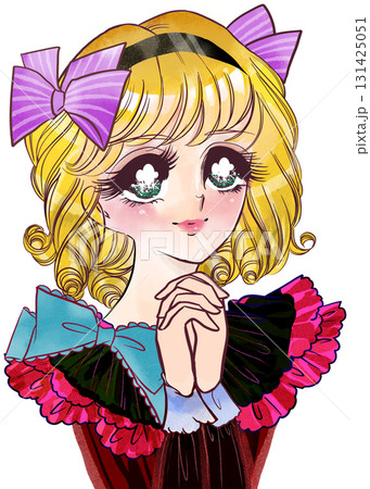 キラキラした瞳で見つめる昭和レトロ風少女漫画の金髪縦ロールお嬢様のカラーイラスト 131425051