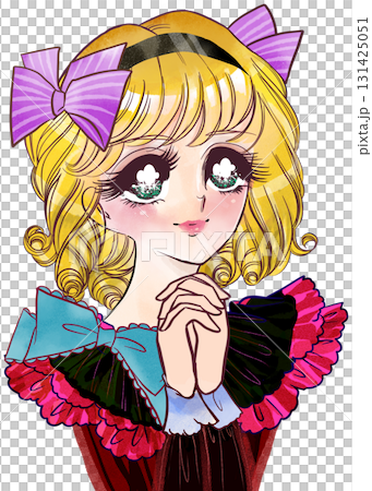キラキラした瞳で見つめる昭和レトロ風少女漫画の金髪縦ロールお嬢様のカラーイラスト 131425051