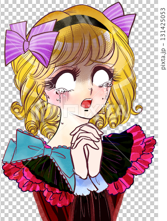 A blonde young lady from a Showa retro manga with pale eyes and a white background 131425053