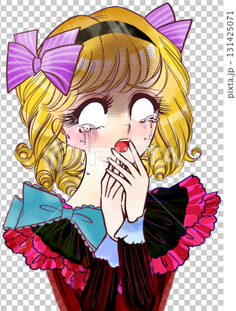 A blonde young lady from a Showa retro manga with pale eyes and a white background 131425071