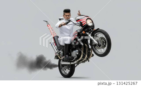 改造バイクでウィリー走行をする暴走族の男のイラスト素材 [131425267